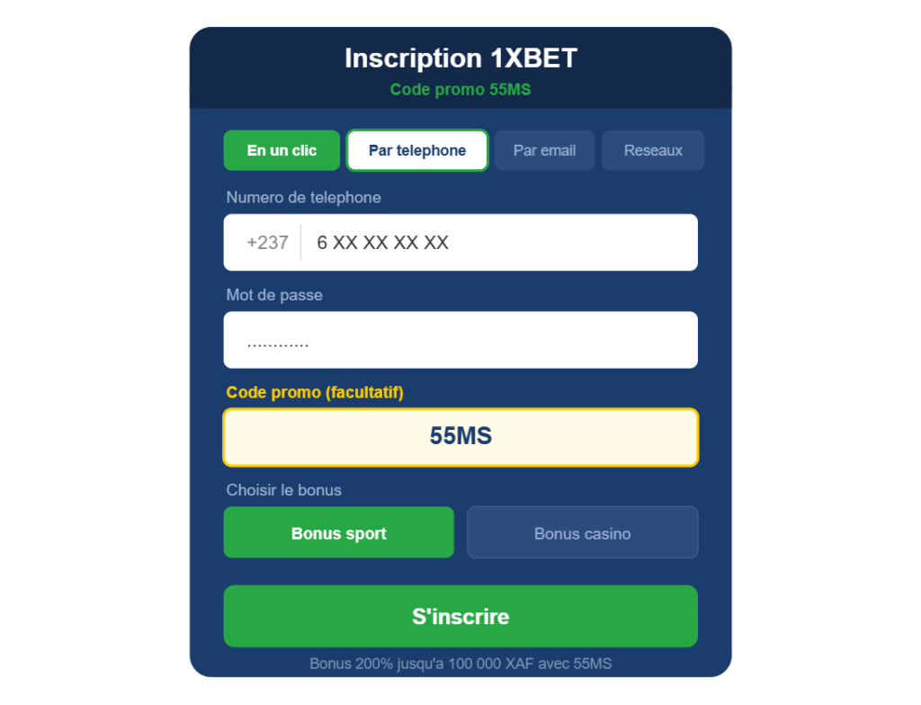 Inscription 1XBET Cmaeroun